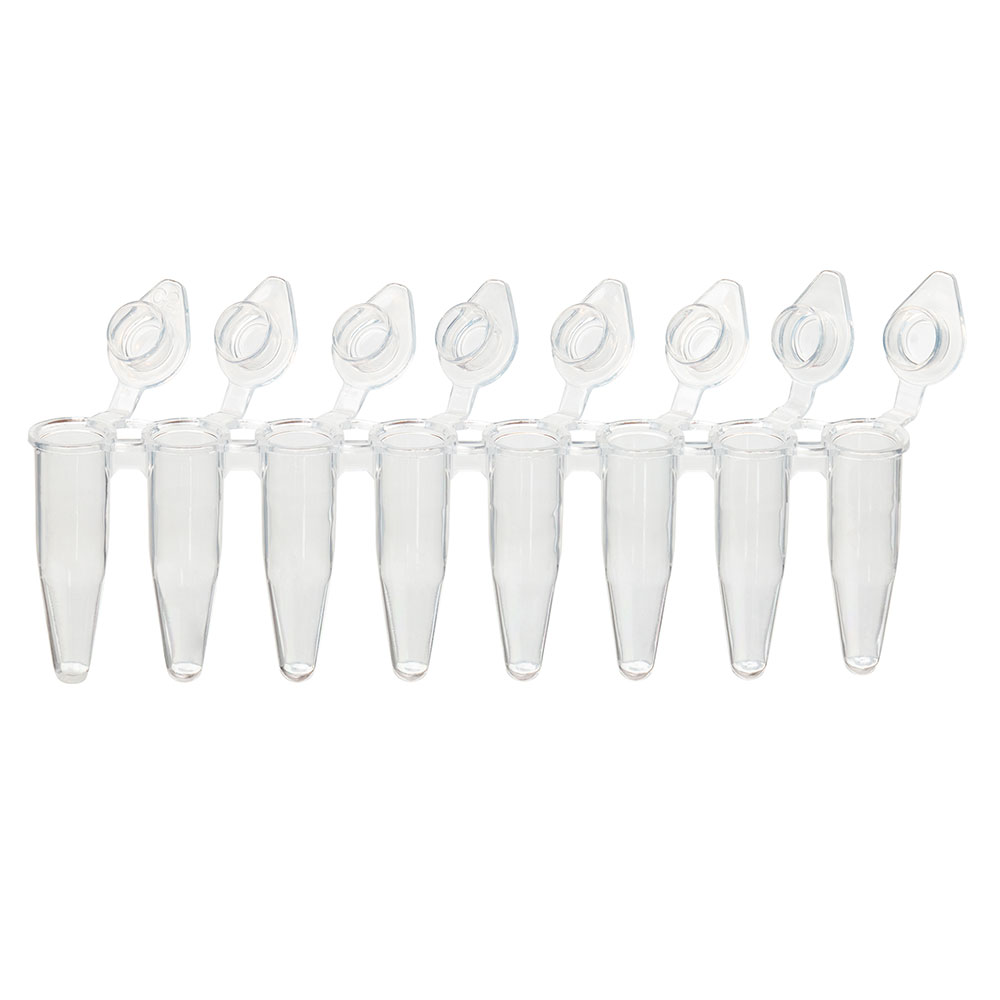 Globe Scientific DiamondLink 0.2mL 8-Strip Tubes, with Individually-Attached Flat Caps, Clear 